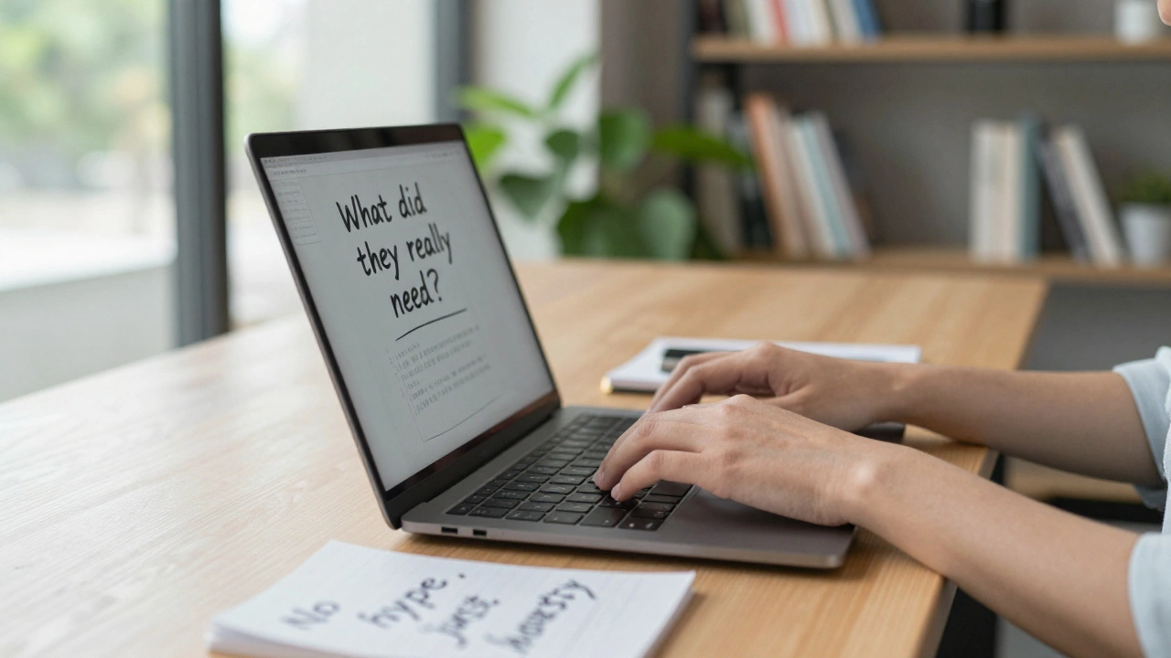 Woman typing on laptop with handwritten notes about user needs and honesty